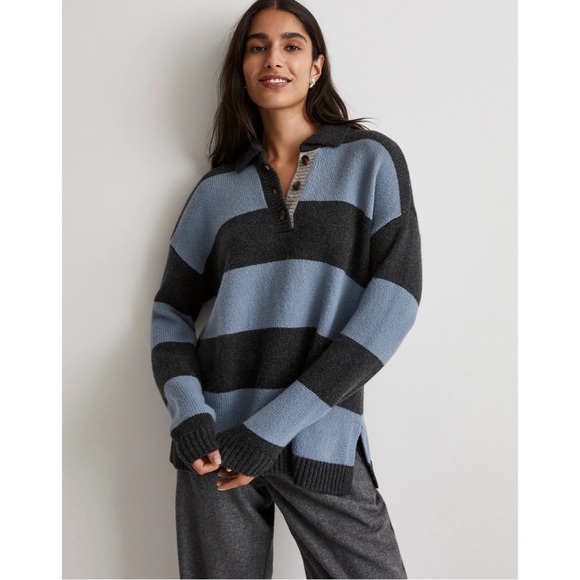 Madewell Sweaters - Madewell Rugby Stripe Polo Sweater Blue Grey Wool Alpaca Size XS